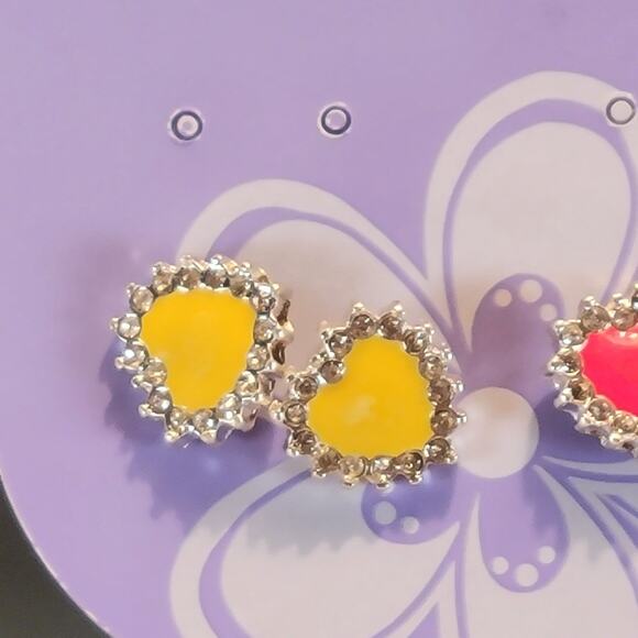 Charlie Girl Heart Stud Earrings Set Yellow Pink Red Rhinestone Trim Kidcore - Picture 6 of 7
